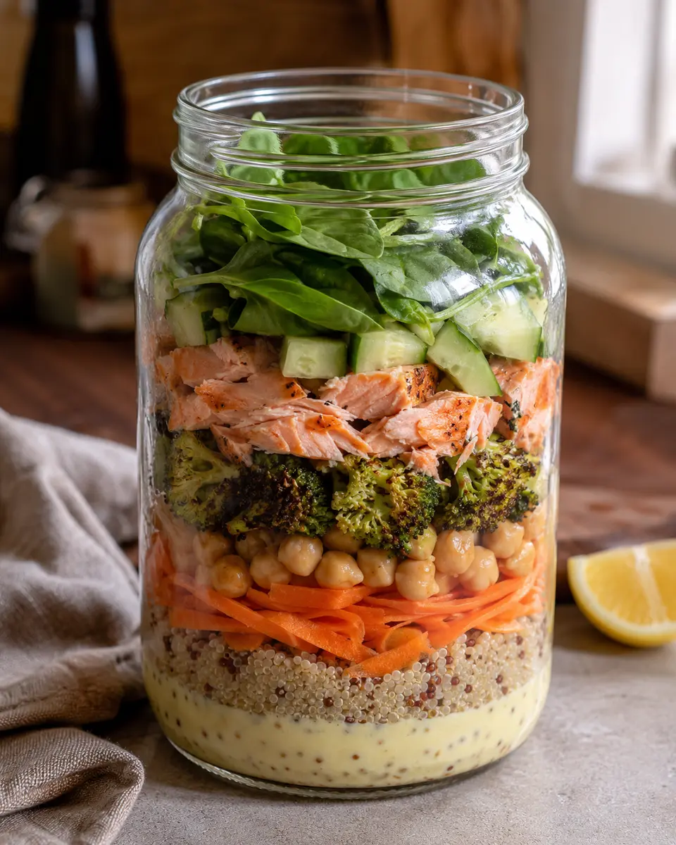 Ensalada de salmón cocido y brócoli en frasco