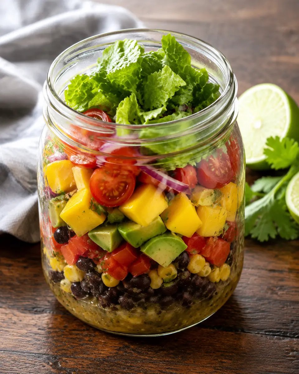 Ensalada de frijoles, mango y aguacate en frasco
