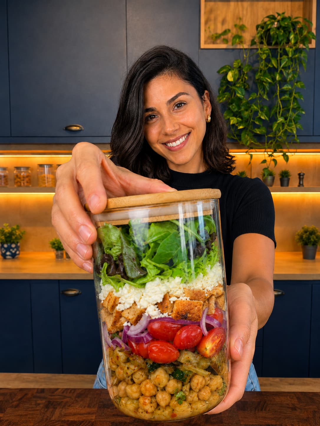 Sofía Herrera con un frasco de ensalada preparada en capas